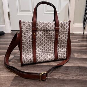 FOSSIL Kingston Satchel Crossbody Brown Signature Flower Pattern Hand Bag NWOT